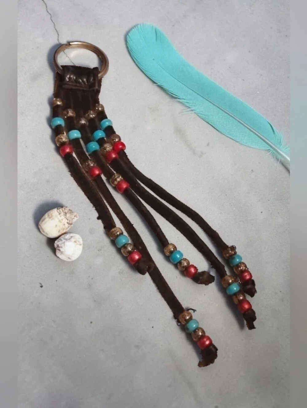 Vintage Boho Beaded Leather Fringe Keychain / Bag Charm (EUC)